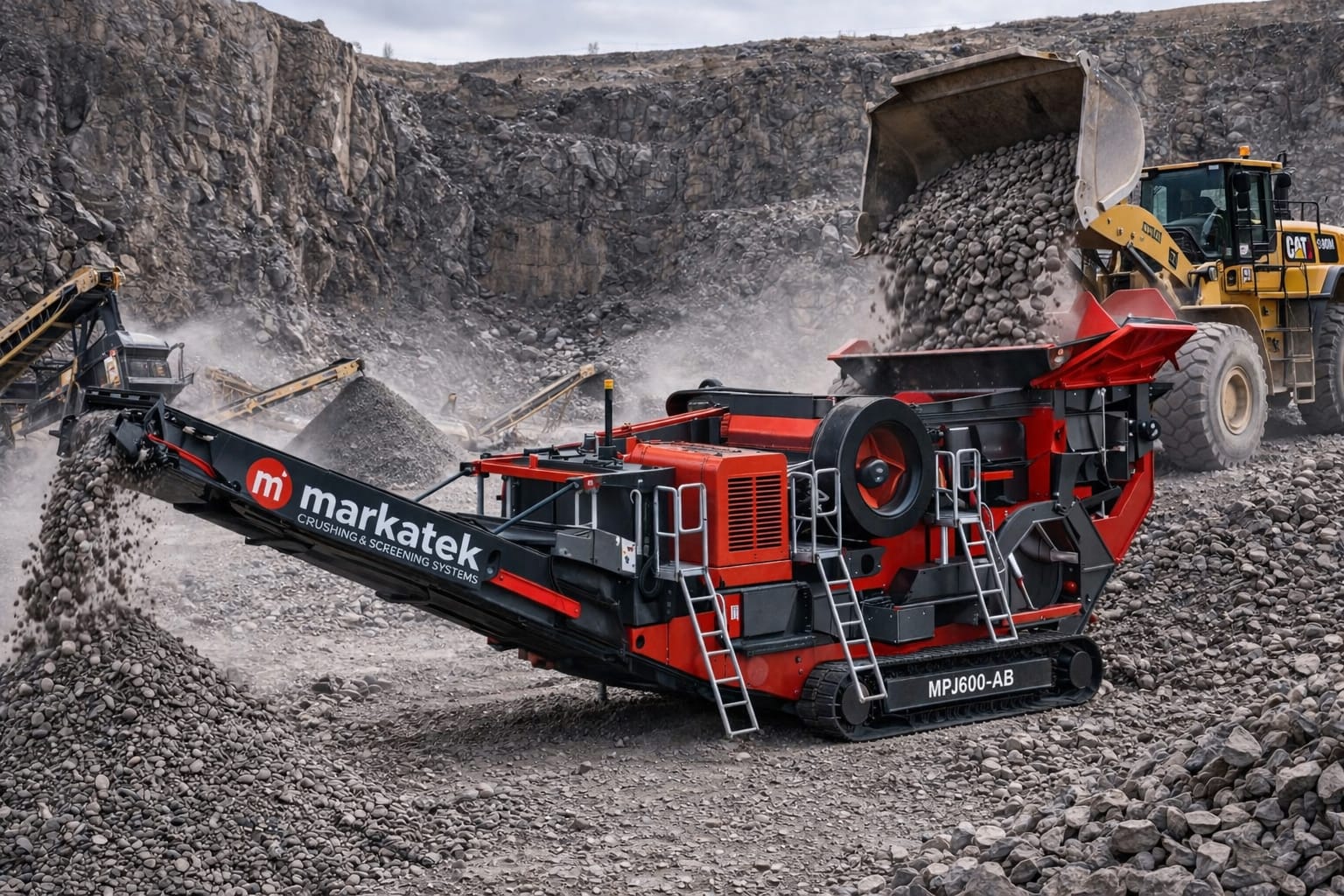 Markatek MPJ600-AB mobil taş kırma makinesi sert kaya sahasında loader ile yüksek kapasiteli bunker besleme