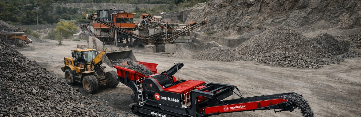 Markatek MPJ600-AB mobil taş kırma ve eleme tesisi yükleyici bunker besleme ile kesintisiz agrega üretimi