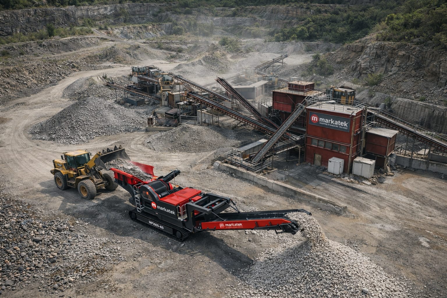 Markatek MPJ600-AB mobil taş kırma ve eleme tesisi taş ocağı sahasında yüksek kapasiteli agrega üretim operasyonu