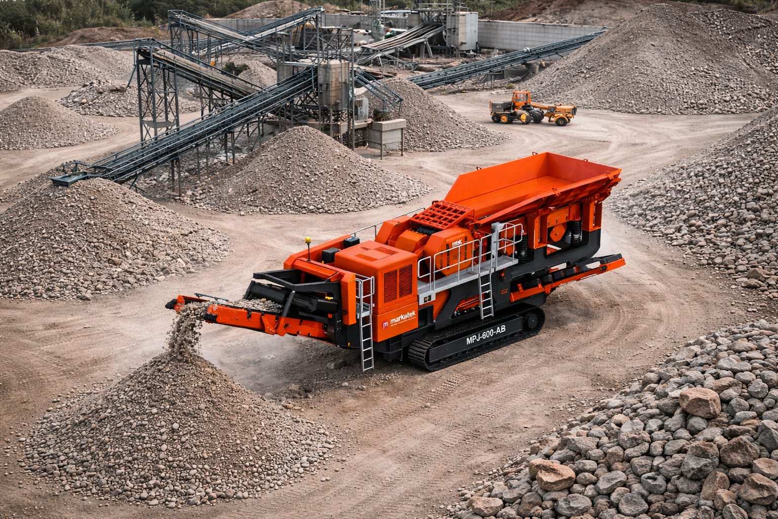 Markatek MPJ600-AB mobil taş kırma ve eleme tesisi taş ocağında yüksek tonaj agrega üretim saha görseli