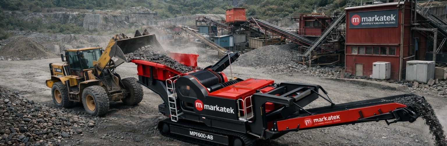 Markatek MPJ600-AB paletli mobil çeneli kırıcı taş ocağı sahasında yükleyici ile besleme operasyonu
